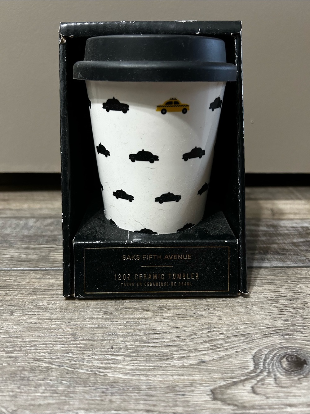 Saks Fifth Avenue White Ceramic Tumbler with Black and Yellow Taxi Motif